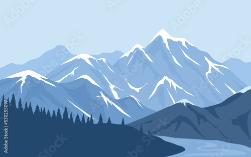 mountain range with pine tree forest landscape background best for trekking, adventure, hiking, travel concept