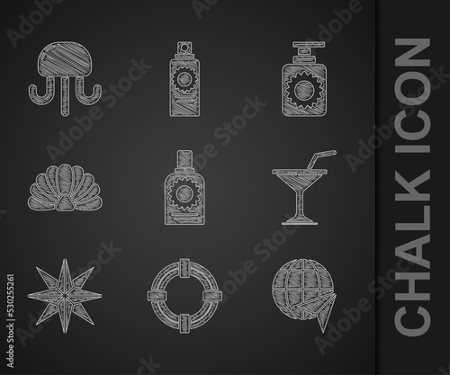 Set Sunscreen spray bottle, Lifebuoy, Globe with flying plane, Martini glass, Wind rose, Scallop sea shell, and Jellyfish icon. Vector