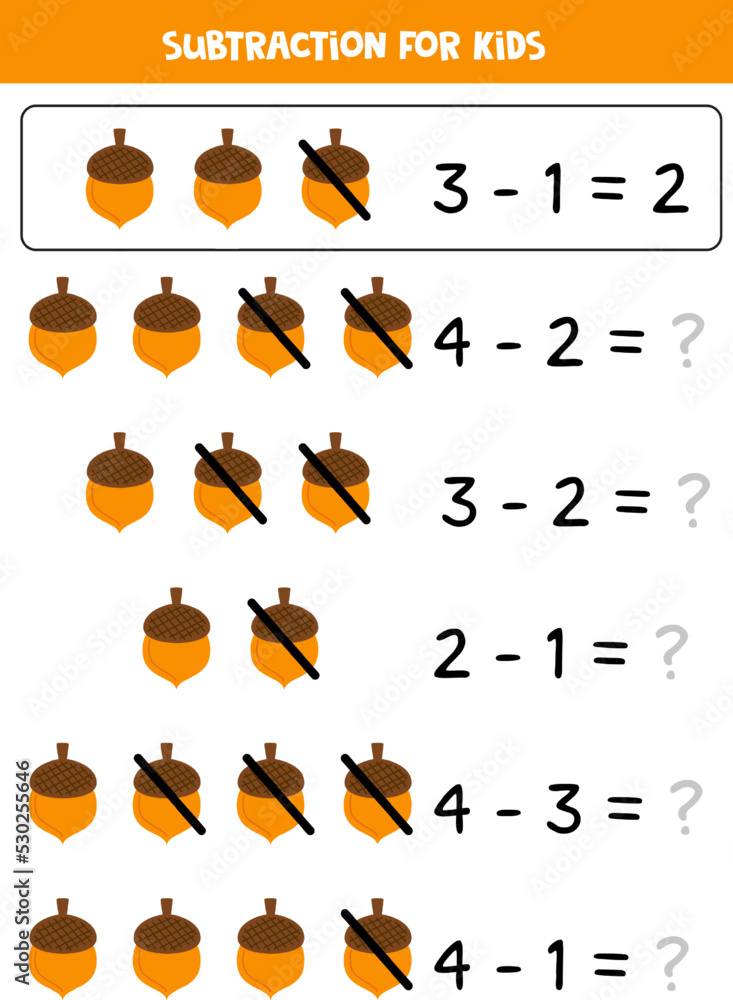 Subtraction with autumn acorn. Educational math game for kids.