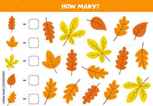 Counting game with cute autumn leaves. Math worksheet.