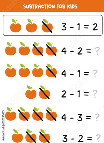 Subtraction with red apple. Educational math game for kids.