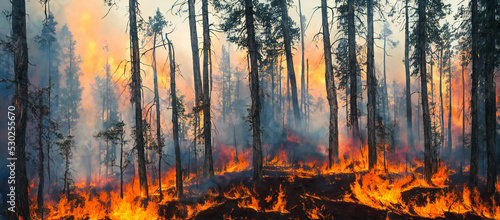 A forest fire, flames, burning ground and trees, 3d render
