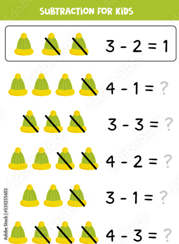 Subtraction with green cap. Educational math game for kids.