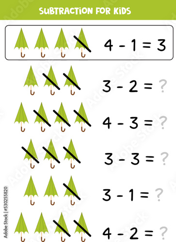 Subtraction with green umbrella. Educational math game for kids.