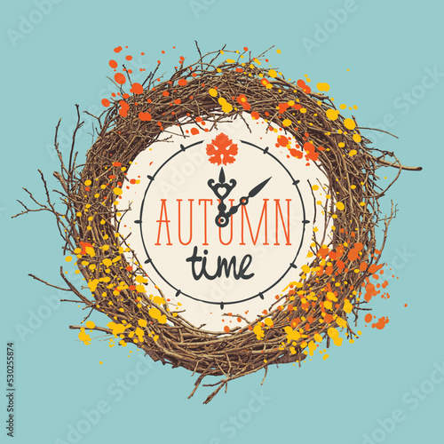 Vector banner and clock face and inscription Autumn time with wreath of tree branches and fall leaves in retro style. Vector decorative illustration. Suitable for flyer, banner, poster