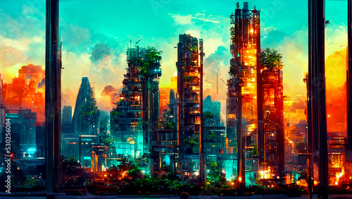 solarpunk digital visualization of modern skyline with nature  created with generative ai