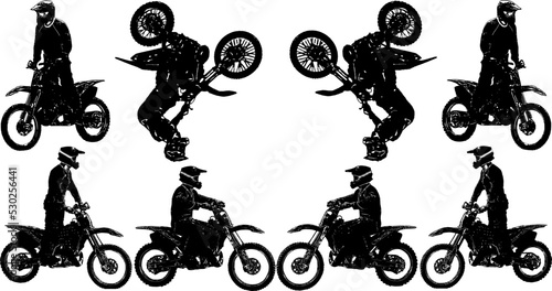 A set of black and white vector images of motorcyclists performing extreme stunts in the discipline of motofreestyle