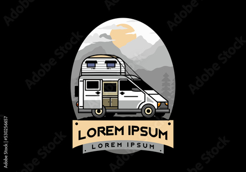 Big van with roof box tent illustration badge