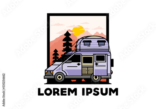 Big van with roof box tent illustration badge