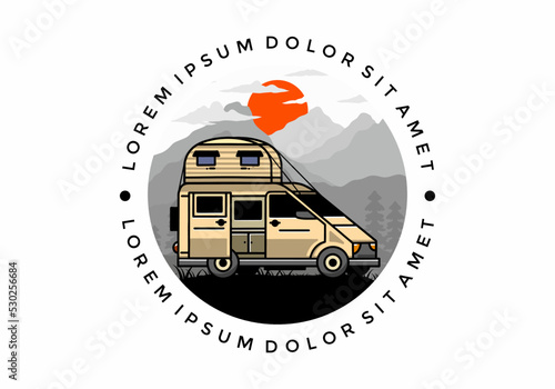 Big van with roof box tent illustration badge