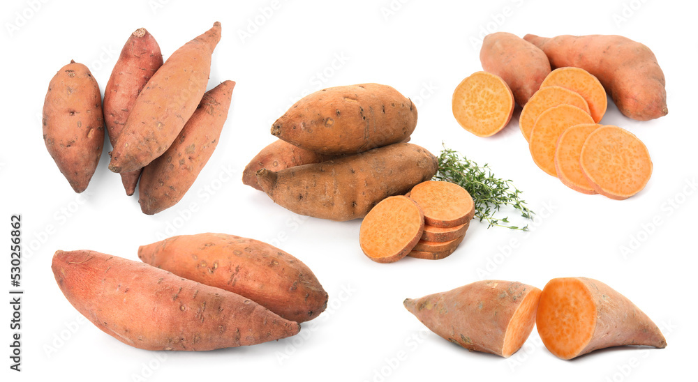Fototapeta premium Set with whole and cut ripe sweet potatoes on white background