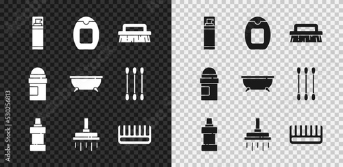 Set Shaving gel foam, Bottle of shampoo, Brush for cleaning, agent, Shower head, Hairbrush, Antiperspirant deodorant roll and Bathtub icon. Vector