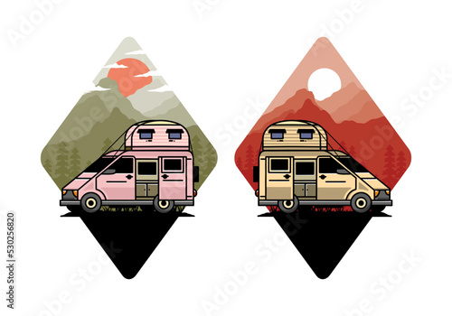 Big van with roof box tent illustration badge