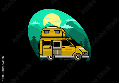 Big van with roof box tent illustration badge