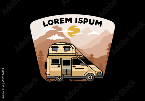 Big van with roof box tent illustration badge