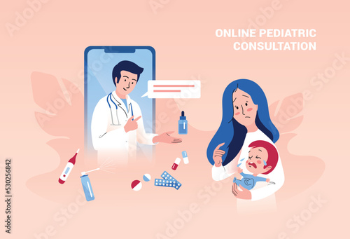 Worried mother with crying baby having online telemedicine consultation with remote doctor. Family doctor online. Telemedicine and healthcare concept. Vector illustration.
