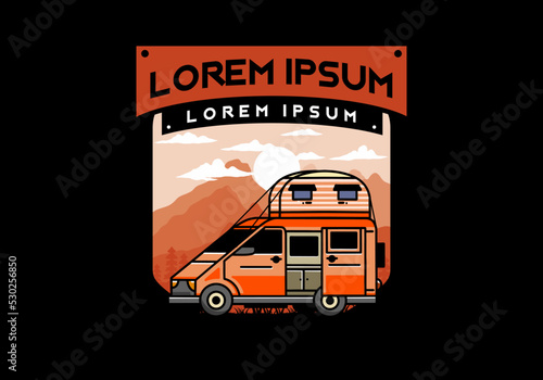 Big van with roof box tent illustration badge