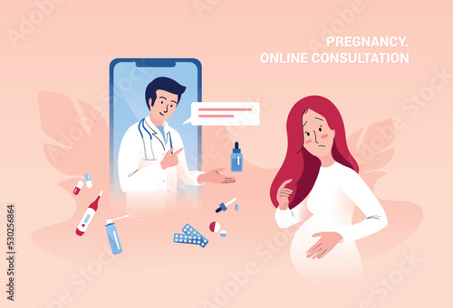 Worried pregnant young woman holding hand on her belly and communicating with doctor on web. Telemedicine, pregnancy, expecting baby and healthcare concept. Vector illustration.
