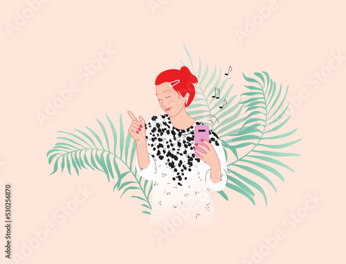 Happy young red woman In wireless earbuds, listening to music and dancing. Modern verctor illustration.