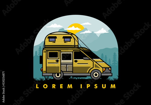 Big van with roof box tent illustration badge