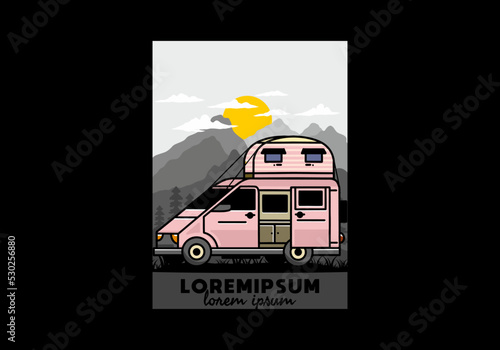 Big van with roof box tent illustration badge