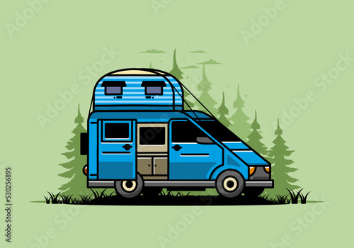 Big van with roof box tent illustration badge