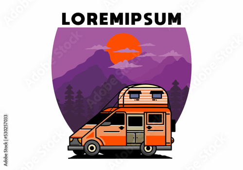 Big van with roof box tent illustration badge