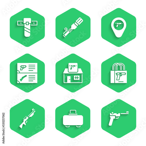 Set Hunting shop weapon, Weapon case, Mauser gun, Buying pistol, catalog, Location with and Knife holster icon. Vector