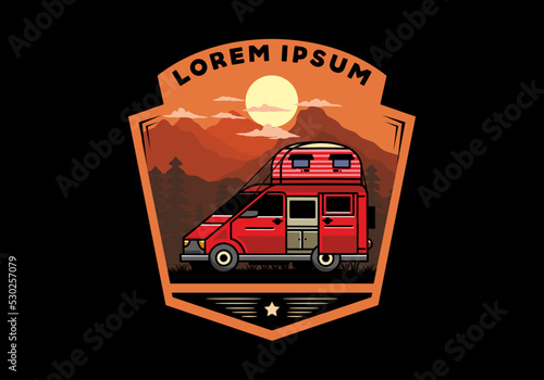 Big van with roof box tent illustration badge