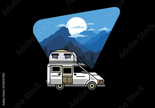 Big van with roof box tent illustration badge