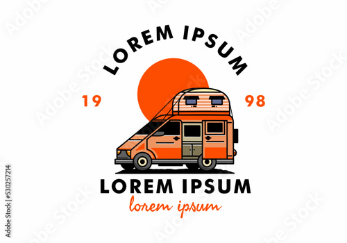Big van with roof box tent illustration badge