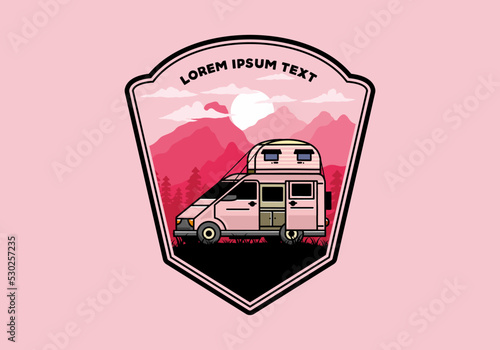 Big van with roof box tent illustration badge