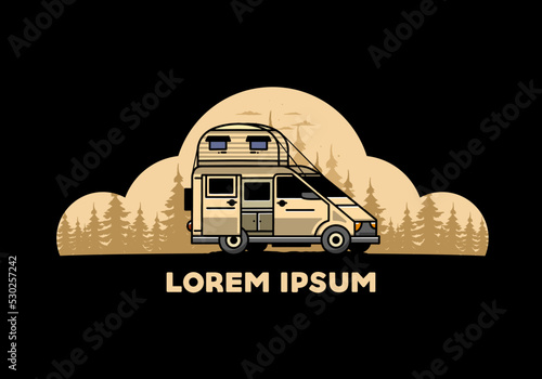 Big van with roof box tent illustration badge
