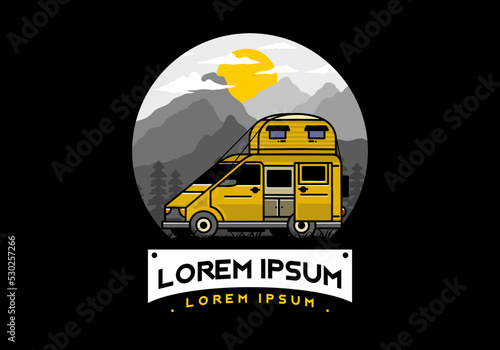 Big van with roof box tent illustration badge