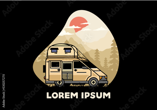 Big van with roof box tent illustration badge
