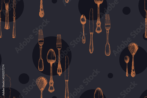  .Hand drawn  seamless pattern with antique cutlery and black circles. Vintage serving items on a  on a dark background. Vector illustration.