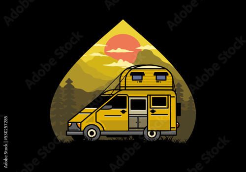 Big van with roof box tent illustration badge
