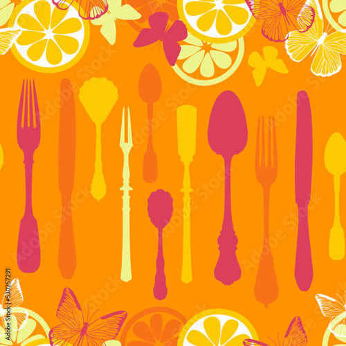 .Seamless pattern with cutlery silhouettes, butterflies and citrus fruits in warm colors. Vector design.