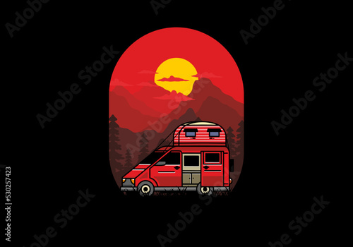 Big van with roof box tent illustration badge