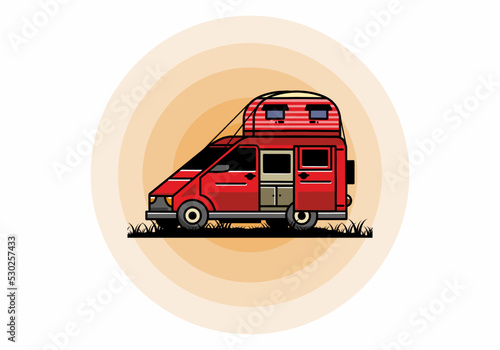 Big van with roof box tent illustration badge