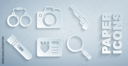 Set Police badge with id case, shotgun, Flashlight, Magnifying glass search, Photo camera and Handcuffs icon. Vector