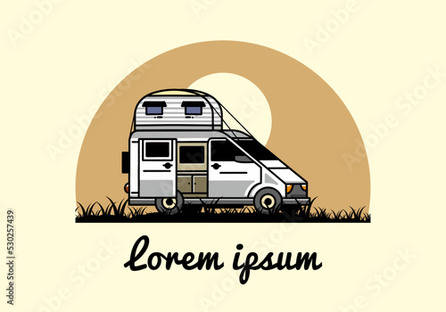 Big van with roof box tent illustration badge