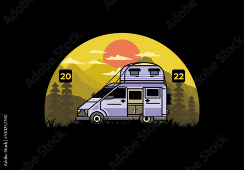 Big van with roof box tent illustration badge