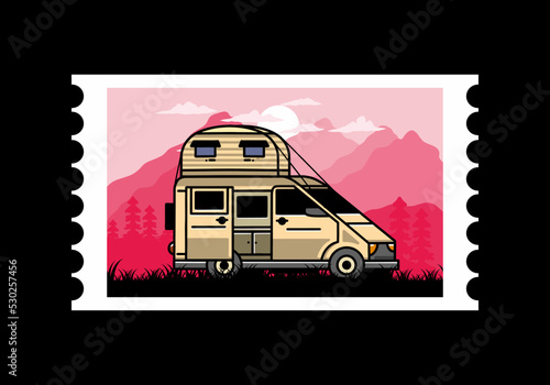 Big van with roof box tent illustration badge