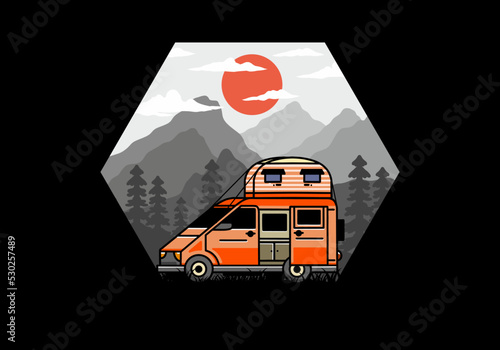 Big van with roof box tent illustration badge