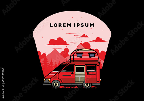 Big van with roof box tent illustration badge