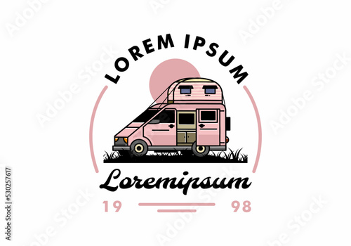 Big van with roof box tent illustration badge