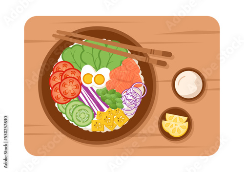 Hawaiian Dish Poke Bowl Food Template Hand Drawn Cartoon Flat Illustration with Rice, Tuna, Fresh Fish, Egg and Vegetables Design