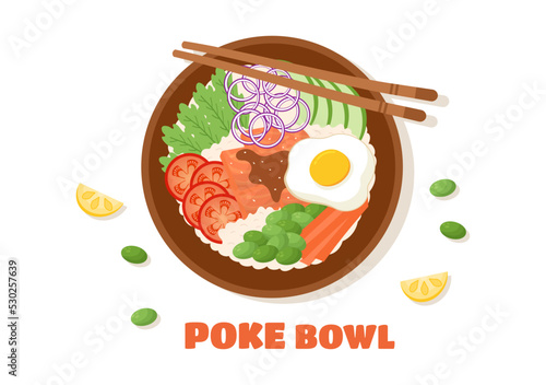 Hawaiian Dish Poke Bowl Food Template Hand Drawn Cartoon Flat Illustration with Rice, Tuna, Fresh Fish, Egg and Vegetables Design
