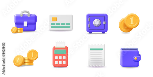 Financial icons. 3d vector set. Money, bill, safe, cash. Paying symbols, exchange interface, e-money wallet.